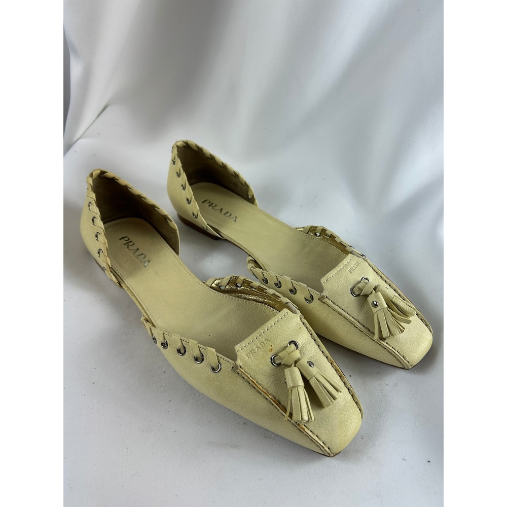 Prada Cream Leather Tassel D'Orsay Flats Whipstitch Eyelet Pointed Toe 8.5/ 39